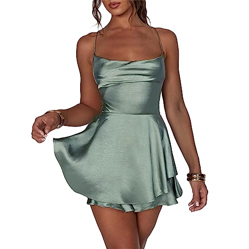JLKGICF Women Satin Dress Backless Short Romper Cowl Neck Bandage Back Jumpsuit Sleeveless Layered Mini Dress Jumpsuit (Blue Gray, L) : Clothing, Shoes & Jewelry