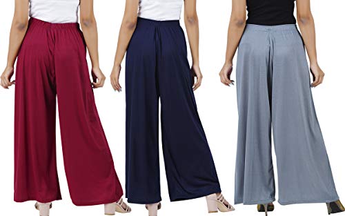 Image of Buy That Trendz M to 4XL Cotton Viscose Loose Fit Flared Wide Leg Palazzo Pants for Women Maroon Navy Grey Combo Pack of 3 XXXX-Large