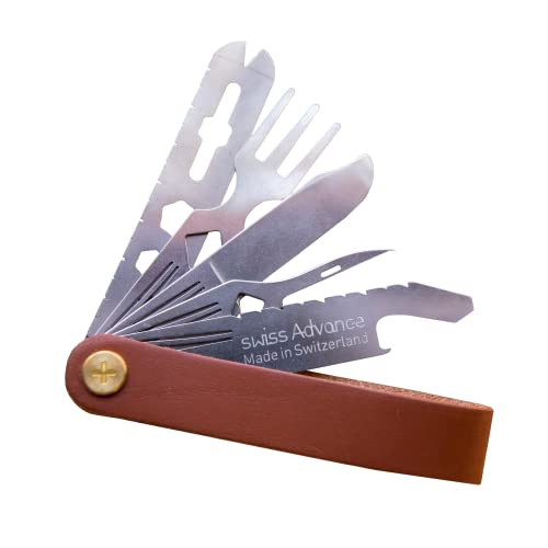 Swiss Advance CRONO N5 Taschenmesser Leder Braun I Multitool-Messer mit Flaschenöffner I platzsparendes Outdoor Messer aus 5 Teilen I Survival Messer Cover