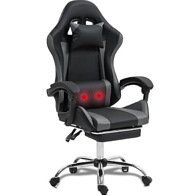 Massage Gaming Chair with Footrest，Ergonomic Video Game Chair for Adults Kids, Adjustable Headrest & Lumbar Support, 90-135° Recline, 360° Swivel, for Gaming Room Home Office Bedroom, Grey