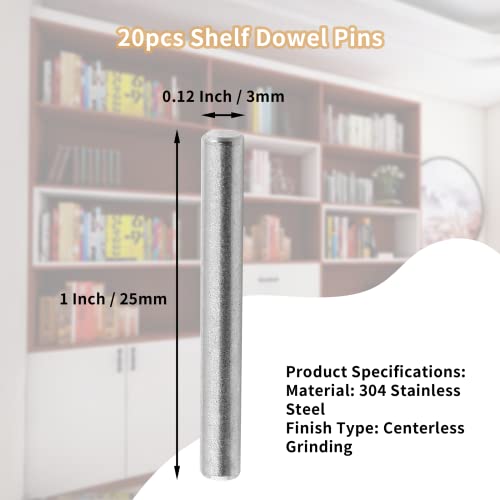 Qjaiune 20pcs Shelf Dowel Pins 3x25mm Stainless Steel Pegs, Bunk Bed Support Pins Rod Fasten Elements, Cabinet Dowel Pin Hardware Smooth Metal Dowel Pegs for Shelves Crib Bunk Bed (Silver)