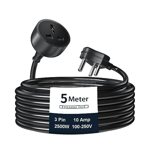 Hoteon Extension Board with 5 Meter Heavy Duty Long Wire Cord, Single Outlet Socket 2500W 10A Expandable Electric Extension, 3 pin Extension Cord, (5M / Black)-1Pcs