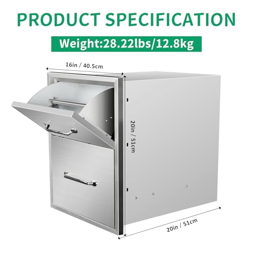 Image of Outdoor Kitchen Drawers 16 inch W x 20 inch H x 20 inch D Stainless Steel Paper Towel Drawers with Ergonomic Handle for BBQ Island, Patio Grill Station & Outdoor Kitchen Cabinets