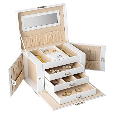 KILHS Jewelry Box, Jewelry Box With Lock Mirror And 3 Detachable Drawers, 4-Layer Large Space For Women And Girls Jewelry Storage Boxes, For Earrings, Rings, Necklaces, Bracelets Cover