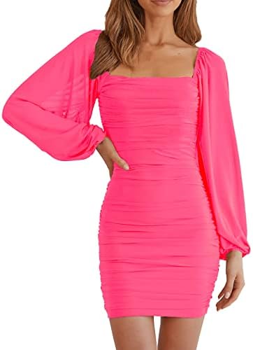 MEROKEETY Women Square Neck Long Sleeve Mesh Ruched Bodycon Cocktail Party Mini Dress Fluopink Small