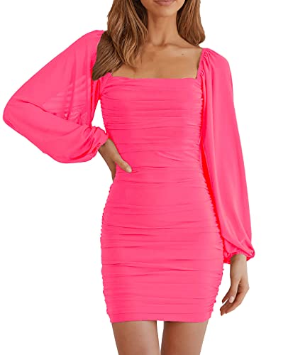 Image of MEROKEETY Women Square Neck Lantern Long Sleeve Mesh Ruched Bodycon Clubwear Mini Dress