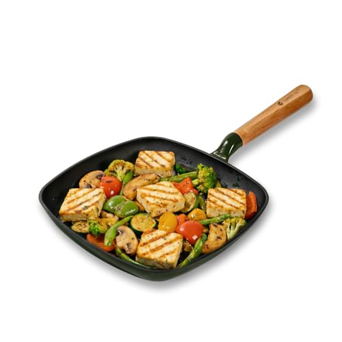 Image of CUMIN CO. Cast Iron Grill Pan | 24 cm, 1.2L | Induction Base Cookware | 10 Year Warranty | Non Toxic Non Stick Pan for Kebab and Tikkas | Chemical Free Coating | Grill Safe | Green