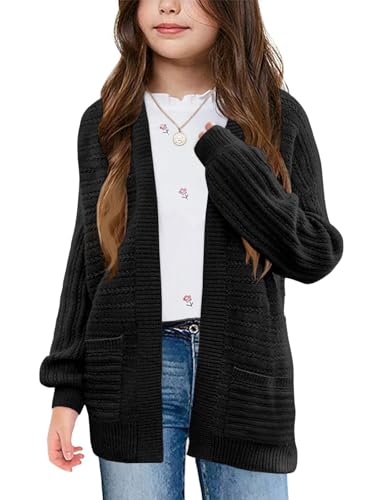 Haloumoning Kids Girls Open Front Cardigan Sweaters Long Sleeve Cable Knit Fashion Clothes with Pockets 5-14 Years