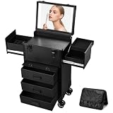 Faquenc Rolling Makeup Case with lighted mirror, Cosmetology Case on Wheels with LED Mirror, Professional Salon Trolley Cart with Drawer,Travel Makeup Lockable Beauty Organizer with Illuminated Light