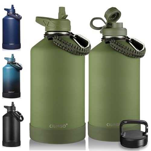 Image of CIVAGO Gallon Insulated Water Bottle Jug with Straw, 128 oz Large Stainless Steel Water Flask, Big Metal Thermal Mug with 3 Lids for Sports, Travel, Gym, and Camping, Army Green