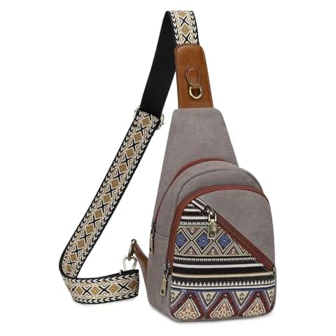 OPAGE Small Canvas Sling Bags for Women, Boho Crossbody Bags Fanny Packs Chest Bag for Hiking, Work, Shopping, Grey Cover