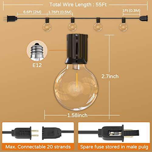 Outdoor String Lights,50Ft+5Ft Shatterproof Led Patio Lights With 30 Dimmable Plastic G40 Bulbs,2200K Waterproof Hanging Lights String,Connectable Outside Lights For Backyard,Cafe,Porch,Deck,E12 Base #TOP1