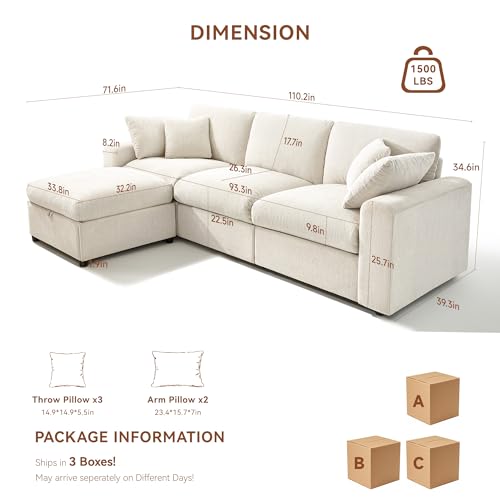 Image of Ihanherry Cloud Sectional Couches for Living Room, 110 inch Large Modular Sectional Sofa with Wide Deep Seat, L Shaped Couch with Throw Pillow and Storage Ottoman, Beige