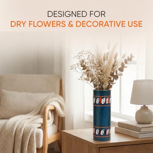 Image of Aakriti Art Creations Handpainted Terracotta Flower Vase | Matte Blue Autumn Leaf Floral Decorative Vase | Handmade Tall Vase for Living Room Table Decor & Housewarming Gift