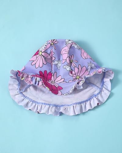 Image of Toddler Girl Swimsuit Baby Girl Bathing Suit Long Sleeve Floral Zipper One-Piece Rash Guard Swimsuit with Hat