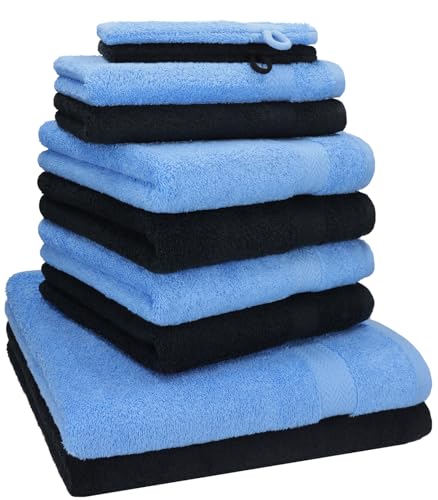 Betz Premium Handtuch-Set 10-teilig – 100% Baumwolle – Oeko-TEX® Zertifiziert – saugfähig&weich – 470g/m² – Duschtücher, Handtücher, Gästetücher & Waschhandschuhe – Farbe Hellblau & Schwarz