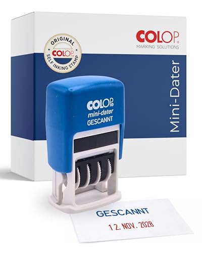 COLOP S160L Mini-Datum-Stempel, Text GESCANNT, Datum Deutsch, Abdruckfarbe blau-rot