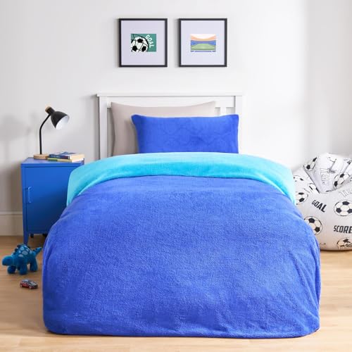 Brentfords Teddy Fleece Duvet Set Single Winter Bedding Fluffy Cosy Reversible Single Duvet Cover Set Super Soft Warm Thermal Teddy Bear Bedding with Pillowcase Blue/Sea Blue