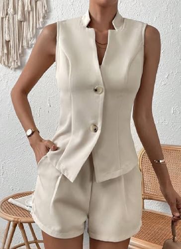Women Summer Apricot 2 Piece Short Sets Sleeveless Suit Vest Top High Waist Shorts Business Outfit With Pocket2