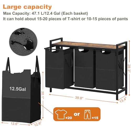 Heybly Laundry Hampers, 3 × 12.5 Gal Laundry Basket with Large Desktop Sorter for Laundry Room Organization, Bathroom and Dorm Laundry Bags on Storage Shelf, Rustic Brown HLH003SR