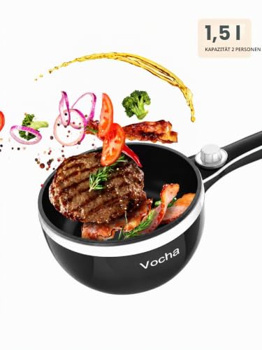 Foto von Vocha Elektrische Pfannen, Hot Pot, Antihaft-Bratpfanne Elektropfanne mit Glasdeckel (Schwarz)