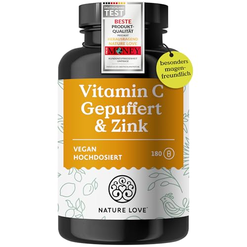 NATURE LOVE® Vitamin C Gepuffert & Zink – 180 Kapseln – hochdosiert 1000mg + 15mg Zink – Fermentation von Mais, pH-neutral, säurefrei – laborgeprüft, vegan und in Deutschland produziert