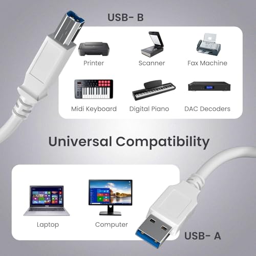 Image of USB 3.0 High Speed Printer Cable 10 Meter - A Male to B Male for HP, Canon, Epson, Scanner, Printer, Computer, Laptop - White