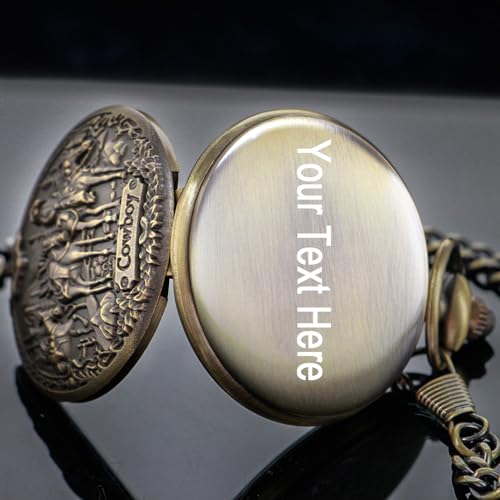 Image of Tiong Vintage Pocket Watch Engraved Cowboy Skull Wolf 3D Pattern Arabic Numerals Quartz Pocket Watch with Chain Best Gifts