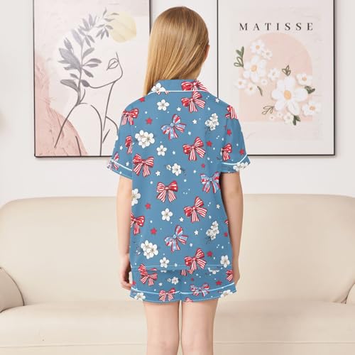ALAZA Red Bow Blue Flower Satin Pajamas Set Short Sleeve Button Down Sleepwear Summer Pjs 2 Piece4