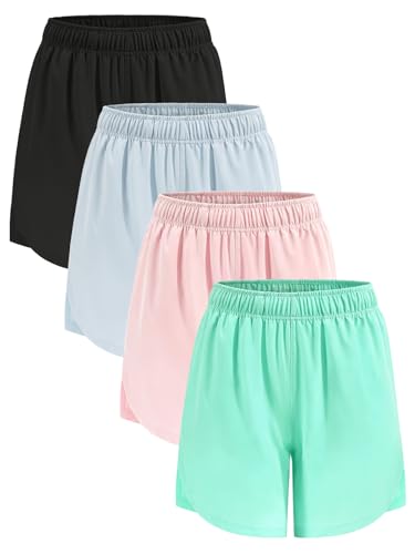 Image of Orrfreer 4 Pack Girls Athletic Shorts,Sports Shorts 6-14 Years Teen Kids Running Cycling Basketball Short for Girls with Drawstring & Pockets Black/Blue/Pink/Green M