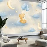 Carta da parati murale con orsetto, luna e stelle, beige e blu, per soggiorno, camera da letto, decorazione da parete, in tessuto non tessuto, stampa artistica di alta qualità, in pile, 200 x 140 cm