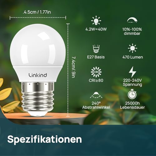 Linkind Dimmbare E27 LED Golf P45/G45 Lampe 4.2W, Ersetzt 40 Watt, 2700K Warmweiß Kugel Lampe 470Lm Energiesparlampe Klein P45, 6 Stück – Ansicht 2