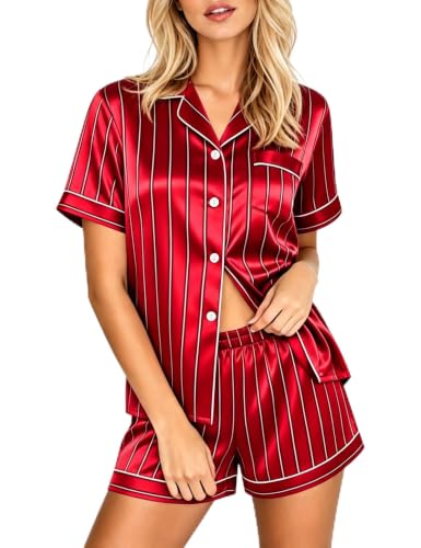 Image of LecGee Womens Silk Satin Pajamas Short Sleeve Loungewear Two-Piece Sleepwear Button-Down Pj Set