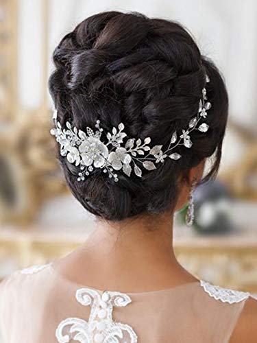 Barogirl Silver Wedding Flower Hair Vine Pearl Bride Bridal Headbands Crystal Hair Accessories for Women