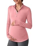 Maternity Sun Shirts Long Sleeve Workout Tops UV Protection Thumb Holes Slim Fit Stretchy Ruched Rash Guard for Athletic(Pink,XS)