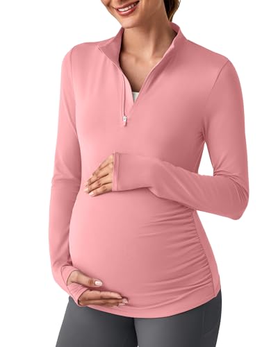 Maternity Sun Shirts Long Sleeve Workout Tops UV Protection Thumb Holes Slim Fit Stretchy Ruched Rash Guard for Athletic(Pink,S)