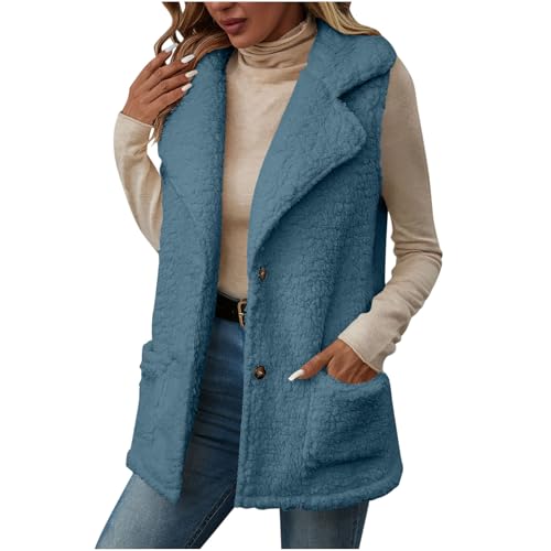 Womens Fleece Vest Sleeveless Winter Warm Jackets Button Down Lapel Collar Vest Solid Color Outwear with Pockets