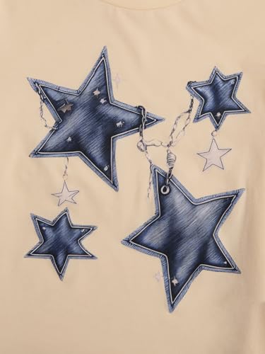 Image of RoseSeek Girl's Geometric Star Graphic Tee Tops Casual Summer Short Sleeve Crew Neck T Shirt