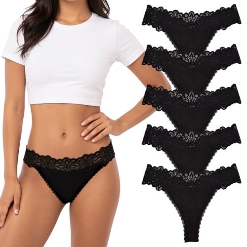 Image of KUOIASY Seamless Thongs for Women,V Waist Low Rise No Vpl Knickers for Women Cotton Lace Panties Sexy Breathable Women's Underwear Thongs Pack of 5 (UK, Alpha, M, Regular, Regular, 5pcs-Black)