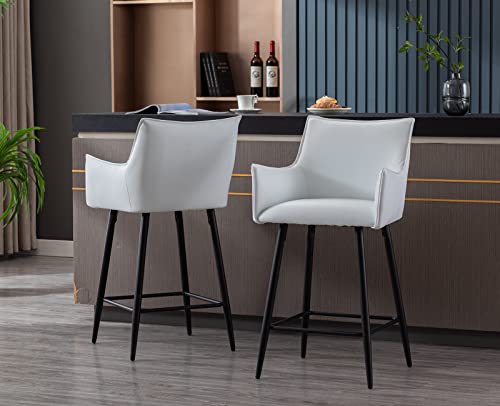 Zhenghao 26'' Counter Height Bar Stools Set Of 2 Leather Barstools With Arms Upholstered Kitchen Counter Stools Modern Metal Bar Chairs For Breakfast/Dining Room/Living Room, White #TOP2