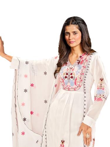 Image of FABZOO Women's Georgette Embroidery Anarkali Kurta Palazzo & Dupatta Set. (Medium, White)