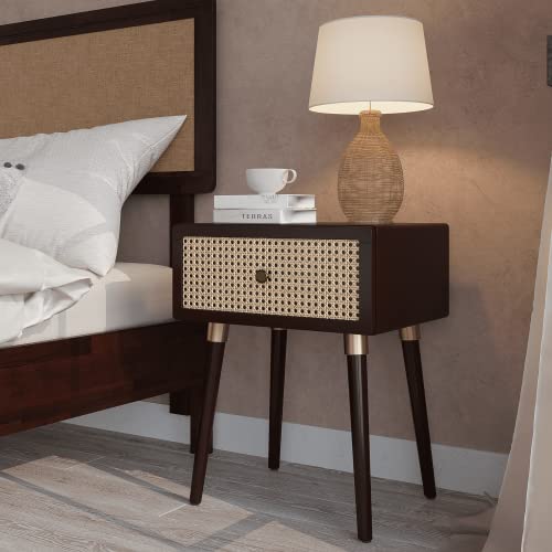 Bme Nipe Solid Wood Rattan Nightstand Boho Accent End Table With Large Storage Drawer, Fully Assembled For Coastal Mid Century Modern Bedroom And Living Room, Walnut #TOP28
