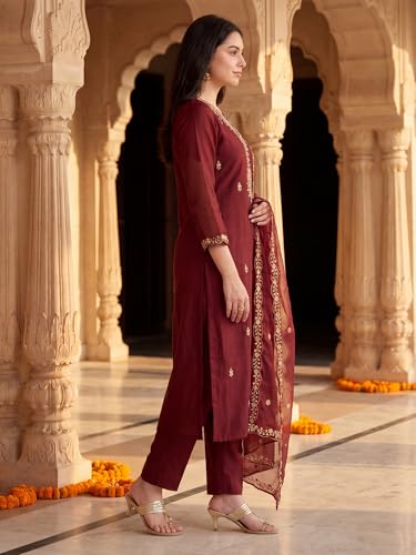 Image of INDO ERA Women's Black Silk Blend Embroidered Mirror Work Kurta & Pant with Dupatta Set (IEDDAI484)