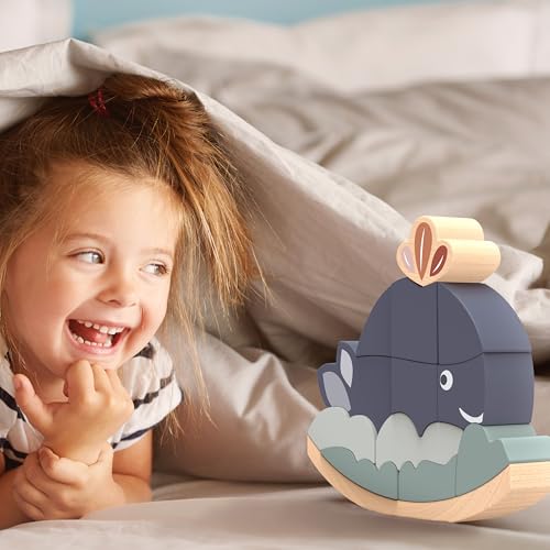 Image of Speedy Monkey Rocking Stacker - Whale Balance Game, 13 Wooden Pieces, Fun Skill Challenge for Family, Develops Hand-Eye Coordination, Fine Motor Skills, Non-Toxic Paint, for Kids 2-6 Years
