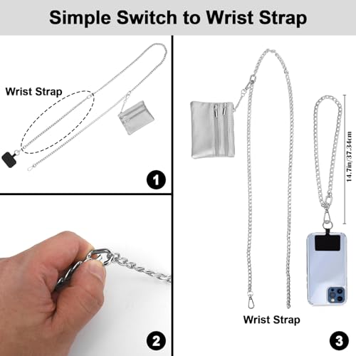 Image of XANGNIER Clip and Go Strap for Phone with Wallet Crossbody, Phone Strap with Zippered Wallet, Adjustable Anti Theft Cellphone Lanyard for Women, Cellphone Chain Accessories,Chain Silver