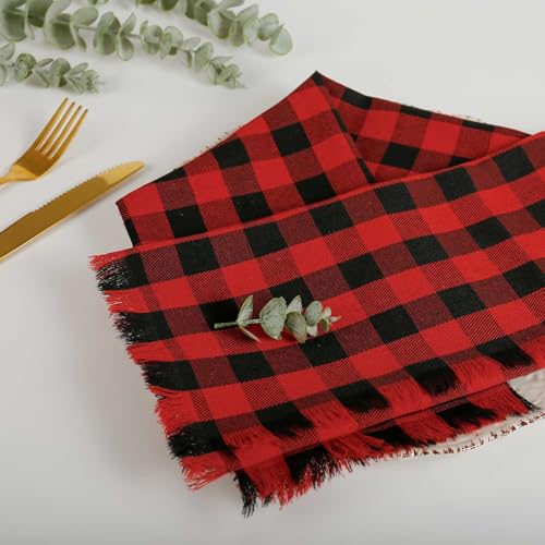 Handmade Dinner Napkins Buffalo Checks Napkins with Fringe Set of 12, 17X17 Inches, Red/Black 100% Cotton Soft Cloth Napkins Washable for Christmas/Howlleen Dinner Table Decor by LogHog - Used condition - Image 2