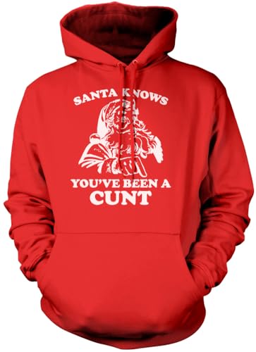 Image of Santa Knows You've Been A Cu*t Retro Funny Christmas Xmas - Unisex Hoodie - Adult Christmas Top Offensive Joke Humor Sarcastic NSFW Rude L red