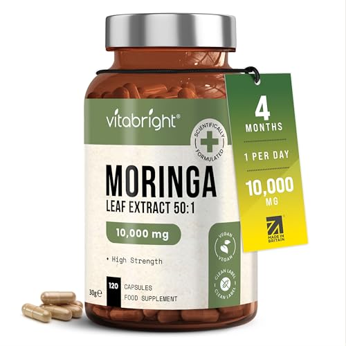 Pure Moringa Capsules | High Strength 10,000mg | 4 Months - 1 Per Day | No Additives | Vegan Superfood Powder Capsules | Pure Moringa Leaf Extract | VitaBright - Made in UK
