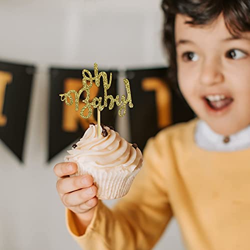 30Pcs Oh Baby Cupcake Toppers Baby Shower Decorations Cghceai Gold Glitter Gender Reveal Cupcake Toppers For Celebrating Baby Shower Boys Girls Birthday Party Supplies #TOP5