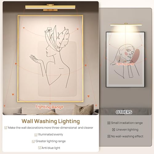 Image of PESUTEN Picture Light Battery Operated, 16in Wireless Art Light for Paintings CCT Dimmable Recharging Battery Picture Light with Remote Control for Gallery Dartboard Art Bedroom Bathroom Gold